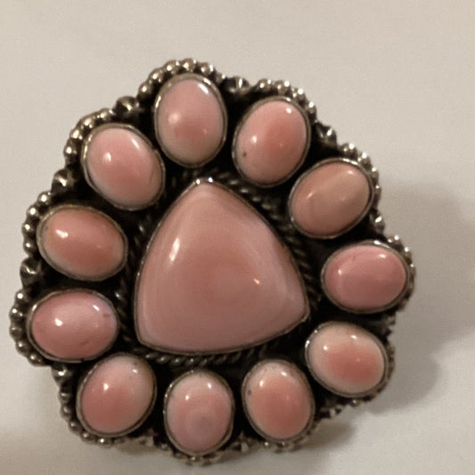 Ring, Pink Queen Conch, cluster, center trillion, 11 ovals, scallop raindrop bezel, Peterson Johnson - Turquoise Mustang