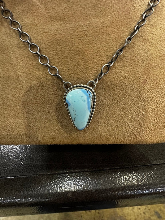 Golden Hills Turquoise Drop Necklace – Sterling Silver – Hallmarked “E” - Turquoise Mustang
