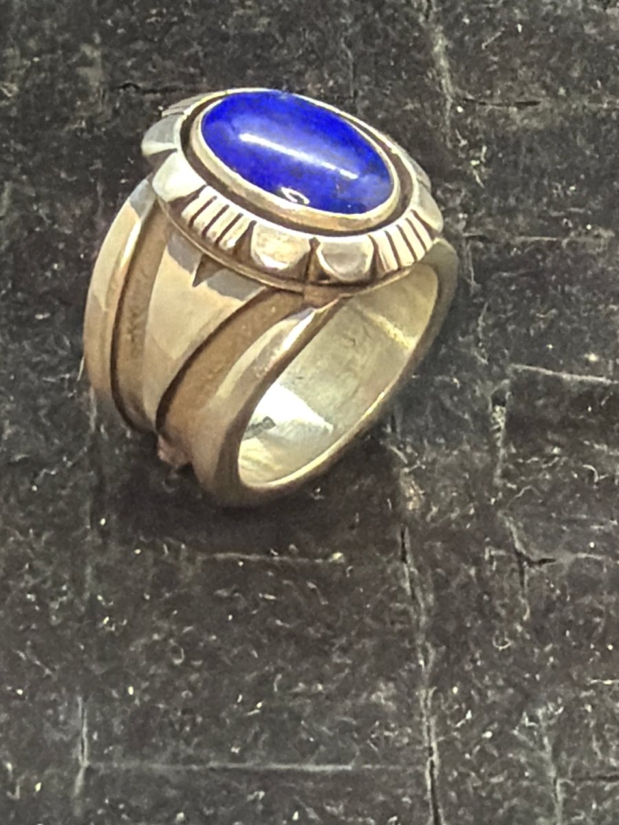 Ring, Lapis Oval, Heavy Beveled Bezel with Filework, Size 10.25 Charley Willie - Turquoise Mustang