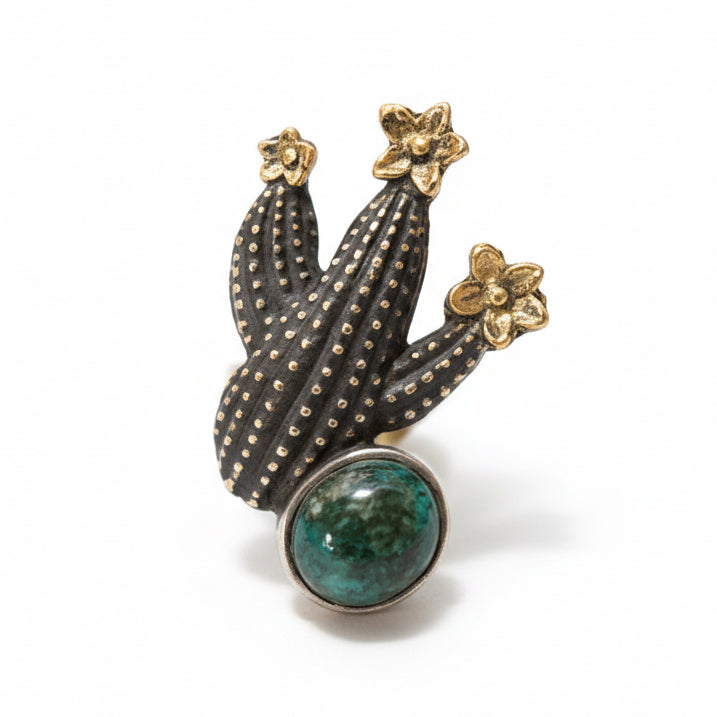 Ring, dimensional cactus with gold flowers and Sonoran cab, by GL Studios - Turquoise Mustang