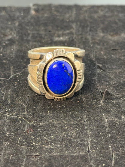 Ring, Lapis Oval, Heavy Beveled Bezel with Filework, Size 10.25 Charley Willie - Turquoise Mustang