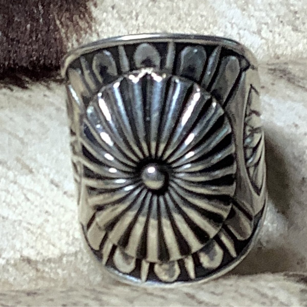 Ring, 5 Repoussee and Stamped Silver, Derrick Gordon - Turquoise Mustang