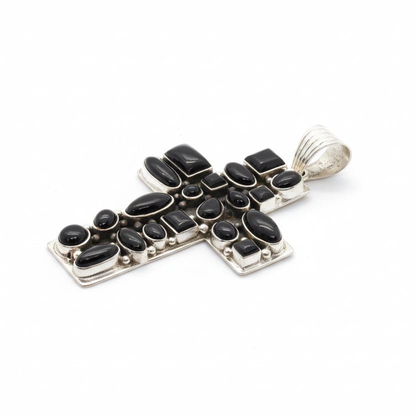 The Peony Cluster Cross Pendant in Black Onyx - Turquoise Mustang