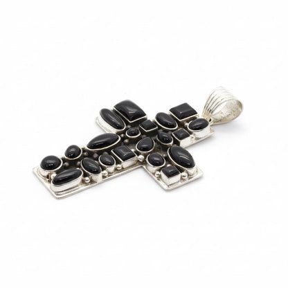 The Peony Cluster Cross Pendant in Black Onyx - Turquoise Mustang