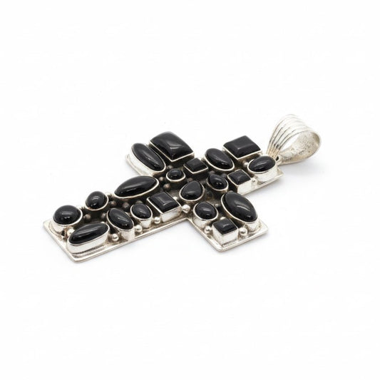The Peony Cluster Cross Pendant in Black Onyx - Turquoise Mustang
