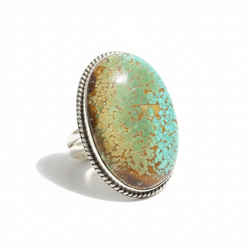 Ring, 250 ct. Royston Oval High Dome Cabochon, fine rope bezel, Zia - Turquoise Mustang