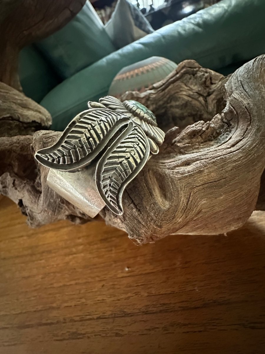 Heavy Stamped Sterling Silver Tufa Cast Cuff with Large Freeform Broken Arrow Cabachon, by Navajo Silversmith Kris Willie - Turquoise Mustang