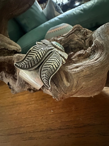 Heavy Stamped Sterling Silver Tufa Cast Cuff with Large Freeform Broken Arrow Cabachon, by Navajo Silversmith Kris Willie - Turquoise Mustang