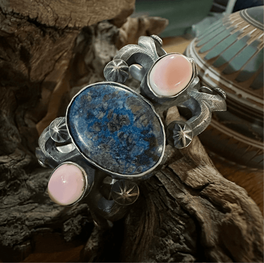 Tufa Cast Sterling Cuff with Deep Blue Stone and Pink Queen Conch, by Chimney Butte - Turquoise Mustang