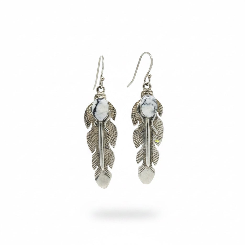 White Buffalo & Sterling Silver Feather Dangle Earrings | Navajo Handmade Statement Earrings, Jereme Delgarito - Turquoise Mustang