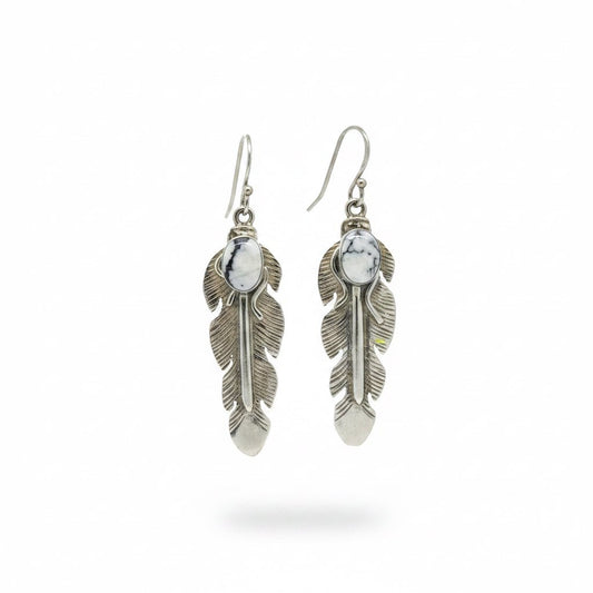 White Buffalo & Sterling Silver Feather Dangle Earrings | Navajo Handmade Statement Earrings, Jereme Delgarito - Turquoise Mustang