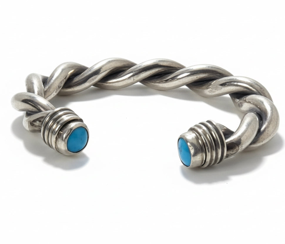 Heavy and Thick Double Twist Cuff Bracelet with Turquoise Endcap Stones - Turquoise Mustang