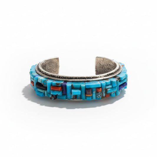 Cobblestone Inlay Turquoise, Coral & Lapis Cuff Bracelet, Lester James - Turquoise Mustang