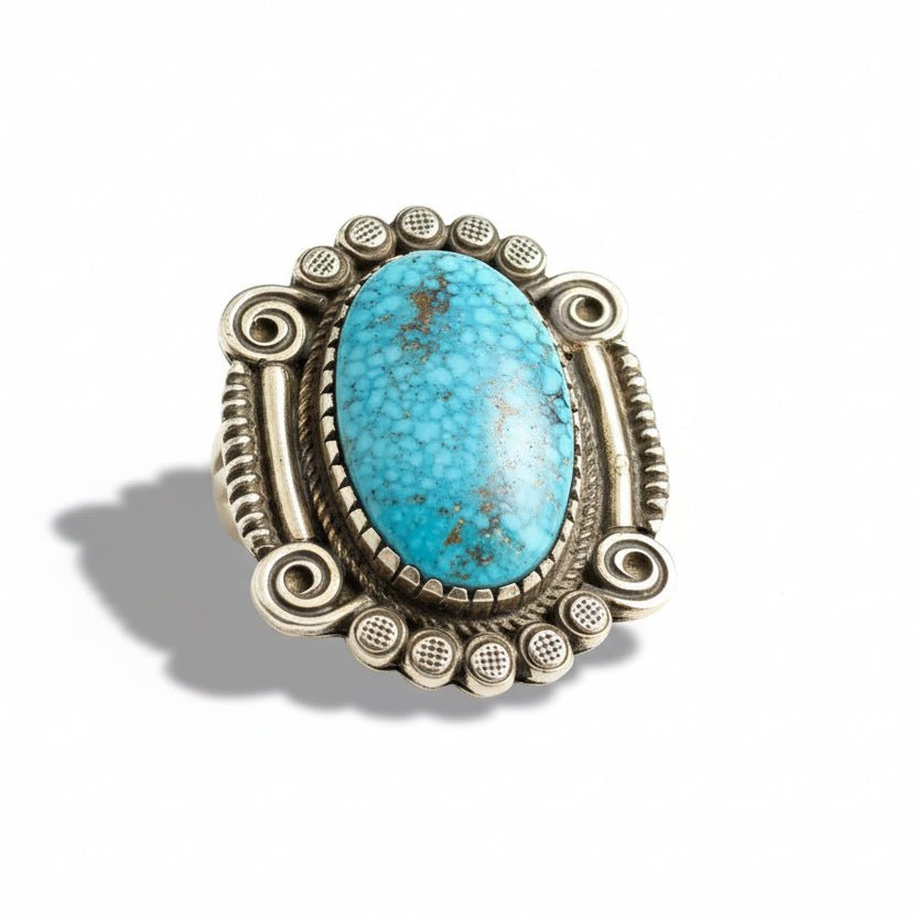 Ring, Large Oval Birdseye Kingman,Size 8.5 Calvin Martinez - Turquoise Mustang