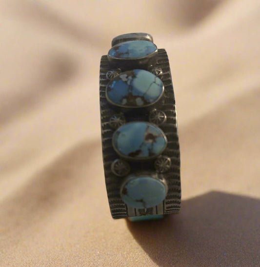 Bracelet, medium cuff, Golden Hills Turquoise, 5 oval freeform, Tillie John - Turquoise Mustang