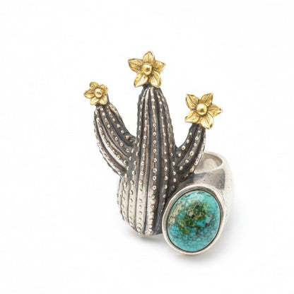 Dimensional Cactus with Gold Flowers and Sonoran Cab, Size 7 by GL Studios - Turquoise Mustang