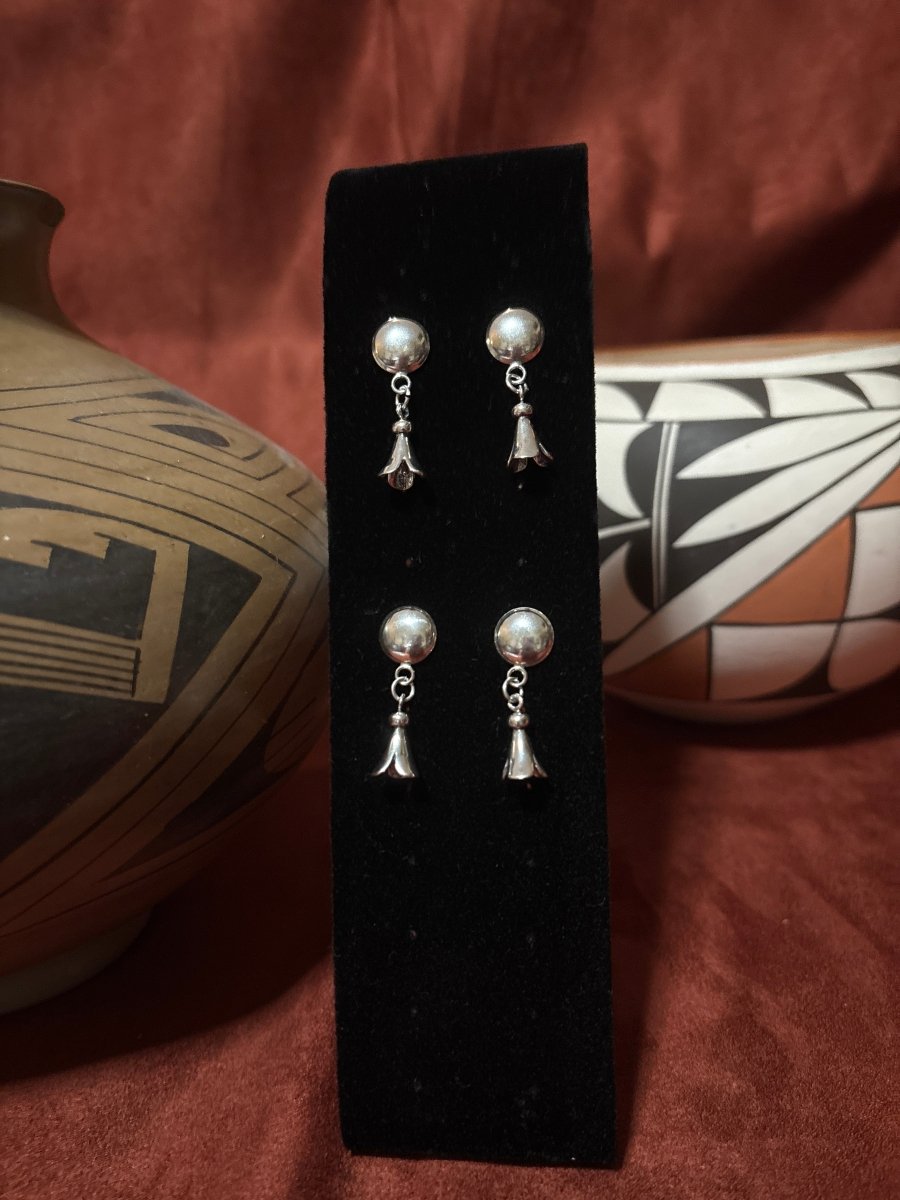 Earring, All - Silver, Concho w/ Dangling Squash - Turquoise Mustang