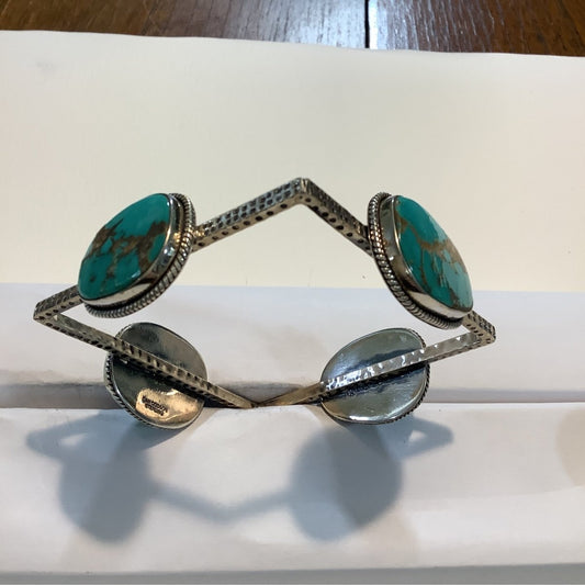 Bracelet, Wide, Square bangle w/ 4 Kingman Tuquoise cabs, DD - Turquoise Mustang