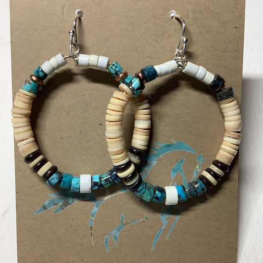 EArring, Kewa style Hoops, TQ, Pinshell, Jet, White Jasper, Turquoise Mustang - Turquoise Mustang