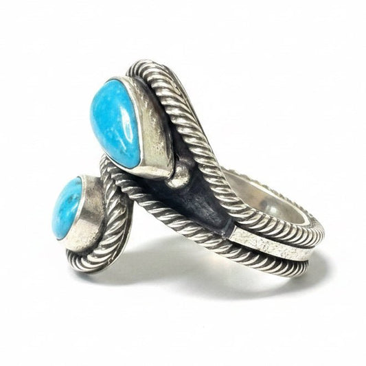 Lone Mountain Turquoise Bypass Ring with Rope Bezel & Raindrop Accents, Adjustable - Turquoise Mustang