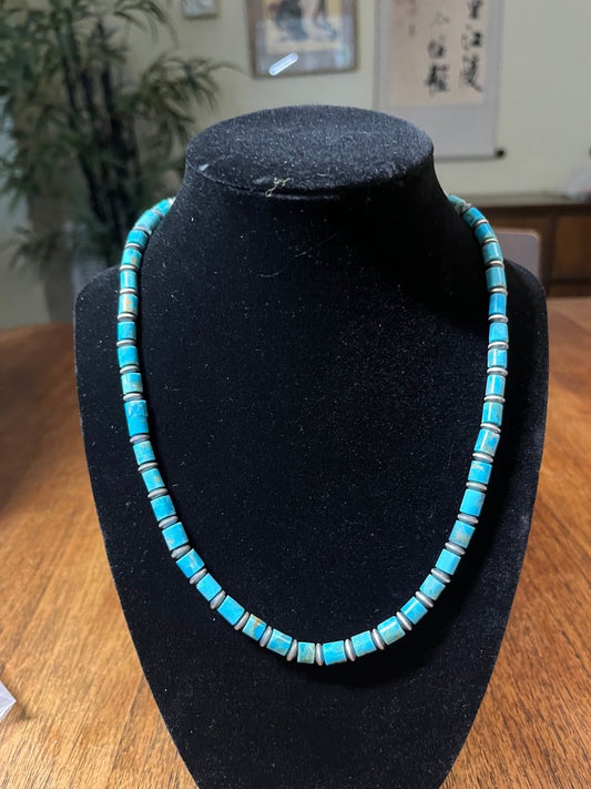 18" Turquoise Tube & Silver Saucer Necklace - Turquoise Mustang