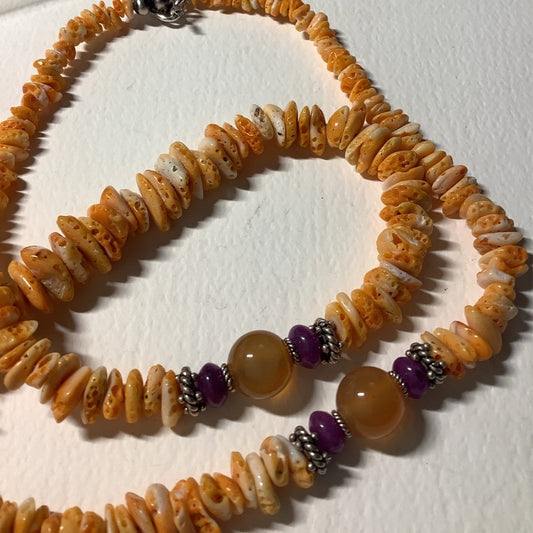Necklace, 26" Peach Spiny Oyster chips, Sugilite, Honey Qtz, Sterling Rope spacers, Turquoise Mustang - Turquoise Mustang