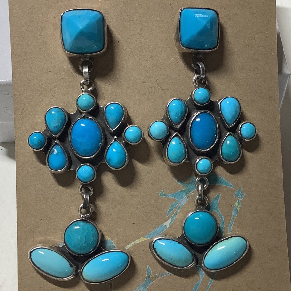 Earring, SB Turq. pyramid cab posts, 9 stone with 3 stone clusters, ?? - Turquoise Mustang