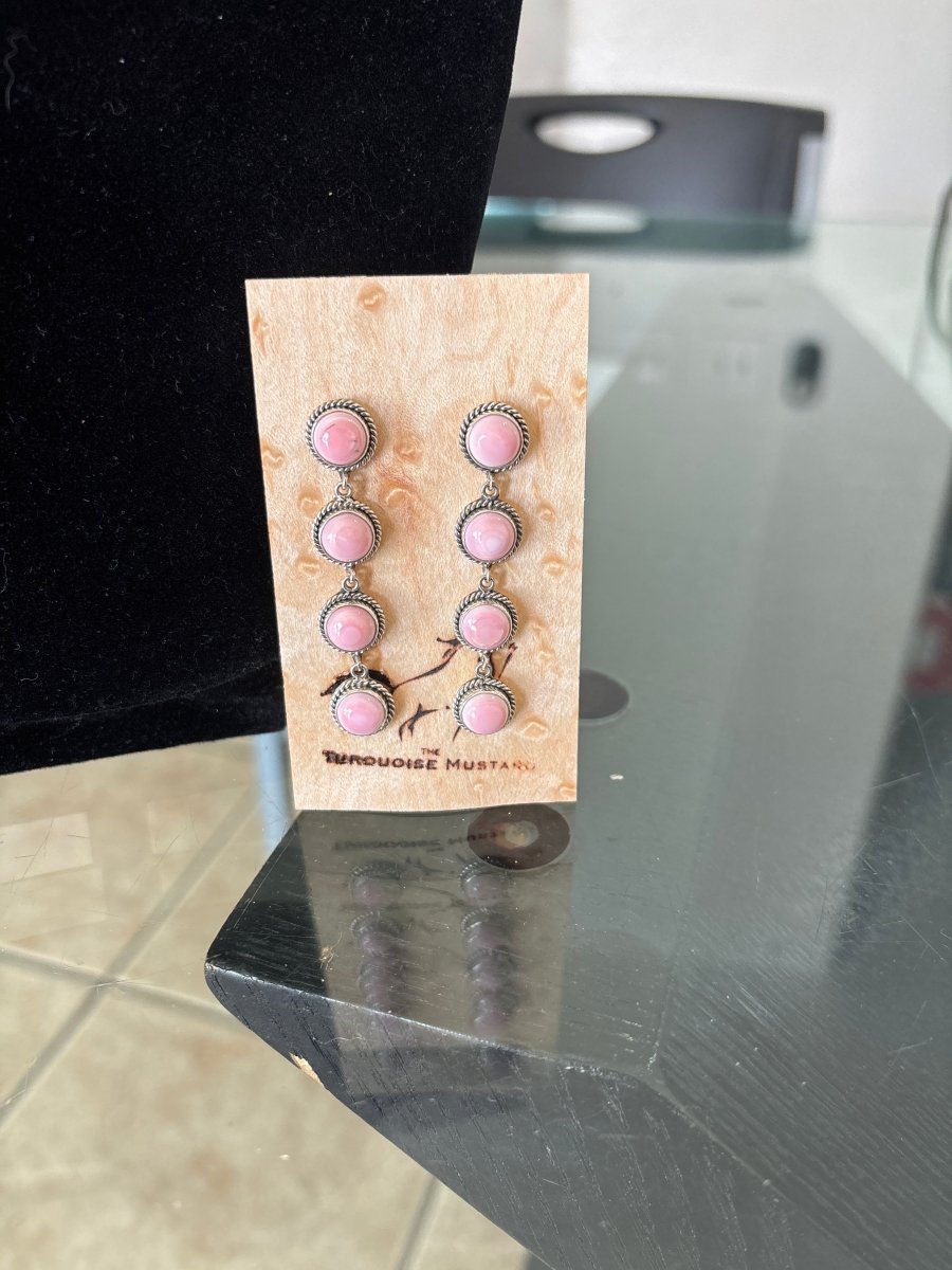 4 Stone Pink Conch Drop Earrings with Rope Bezel - Turquoise Mustang
