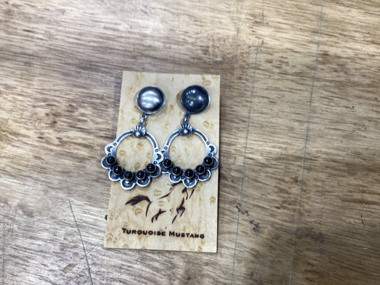Black Onyx Five - Stone Stamped Hoops with Convex Concho Studs - Turquoise Mustang