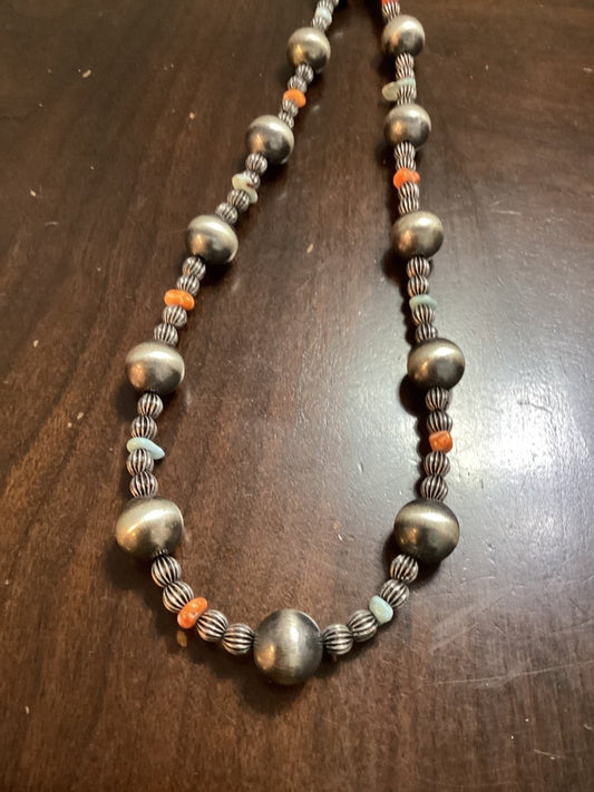 12mm Navajo Pearls with 12mm Spiny Oyster Heishi, 24", Saucer & Plain, TM - Turquoise Mustang