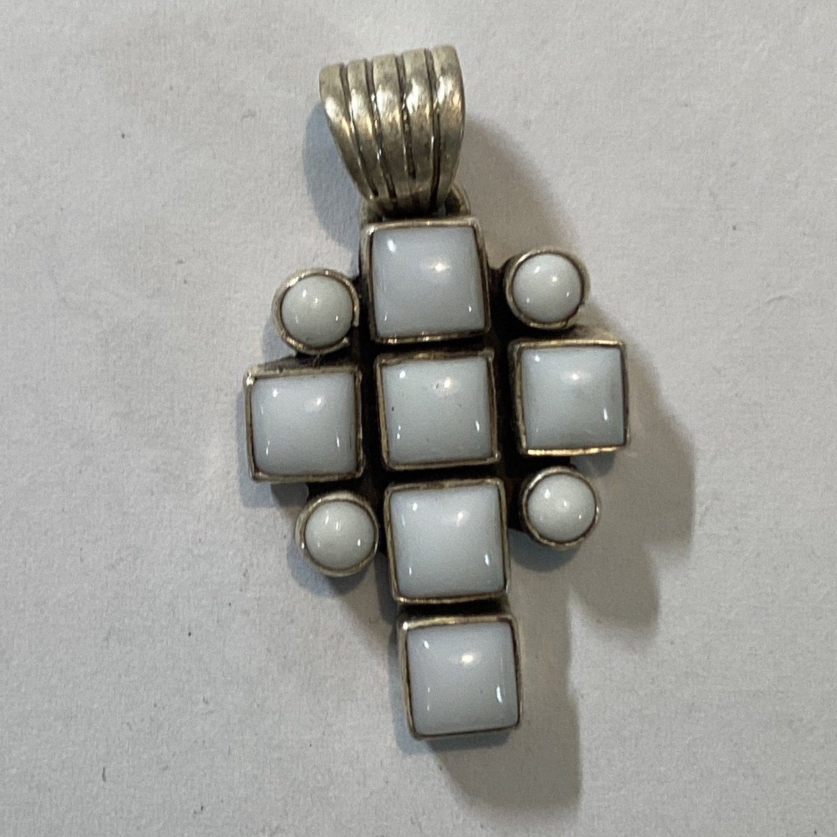 Pendant, Cross, Medium 6 Cushion and 4 Round White Jade stones, DD (1) - Turquoise Mustang