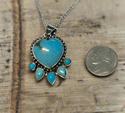 Nasturtium Heart Pendant with Pearls - Turquoise Mustang