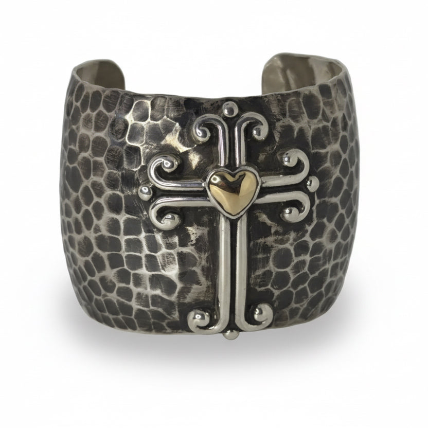 Hammered Sterling Silver Cross Cuff Bracelet with 14K Gold Heart, G.J. Nez - Turquoise Mustang