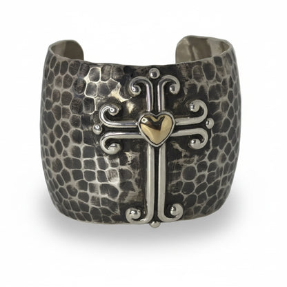 Hammered Sterling Silver Cross Cuff Bracelet with 14K Gold Heart, G.J. Nez - Turquoise Mustang