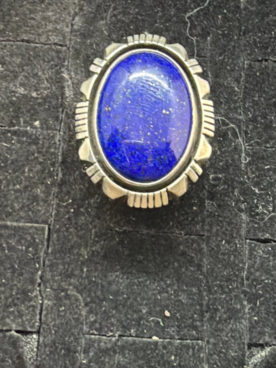 Large Premium Lapis Oval Ring with Filework, Size 7.75 Charley Willie - Turquoise Mustang
