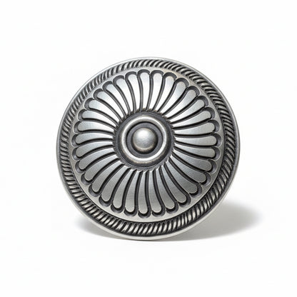 Ring, HEAVY Round Concho/Shield Stamp Work by Calvin Martinez - Turquoise Mustang