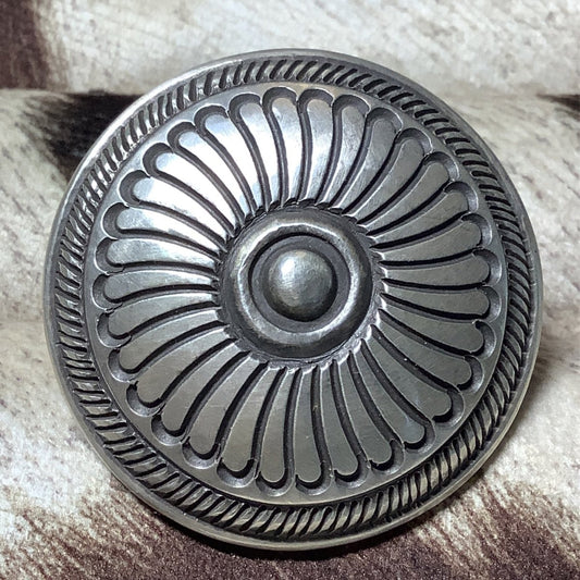 Ring, HEAVY Round Concho/Shield Stamp Work by Calvin Martinez - Turquoise Mustang