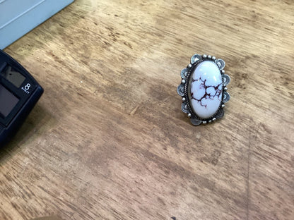 Ring, Wild Horse Magnasite, Oval center with cut rope and stamped bezel DN - Turquoise Mustang