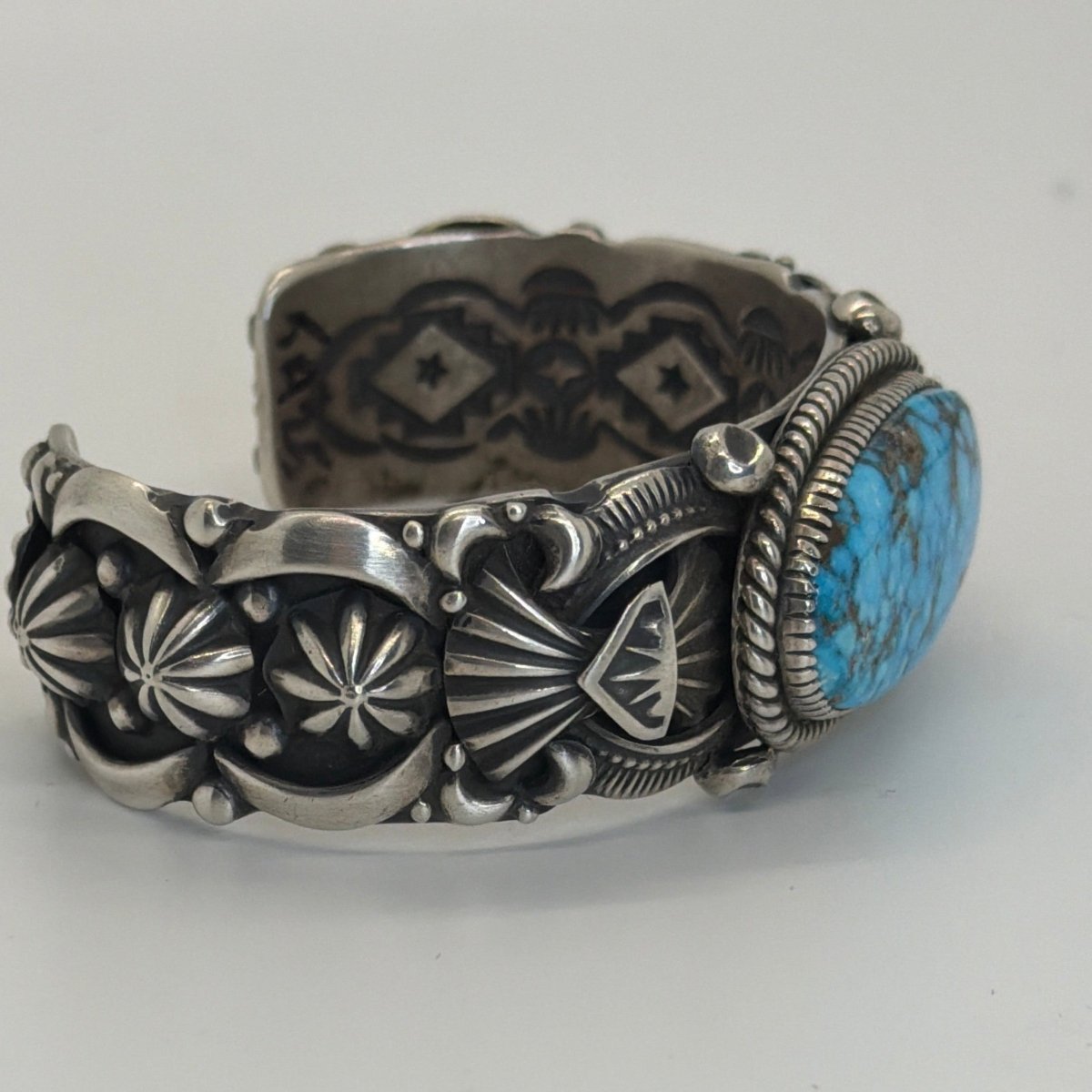 Heavy Overlay & Stampwork Cuff with Oval Birdseye Kingman by Delbert Gordon - Turquoise Mustang