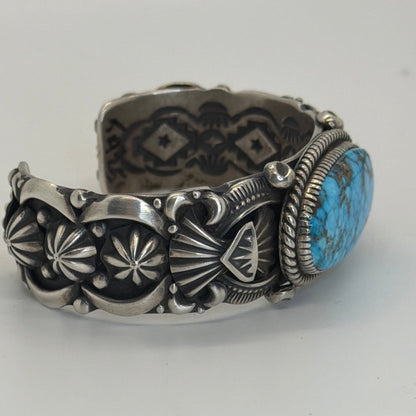 Heavy Overlay & Stampwork Cuff with Oval Birdseye Kingman by Delbert Gordon - Turquoise Mustang