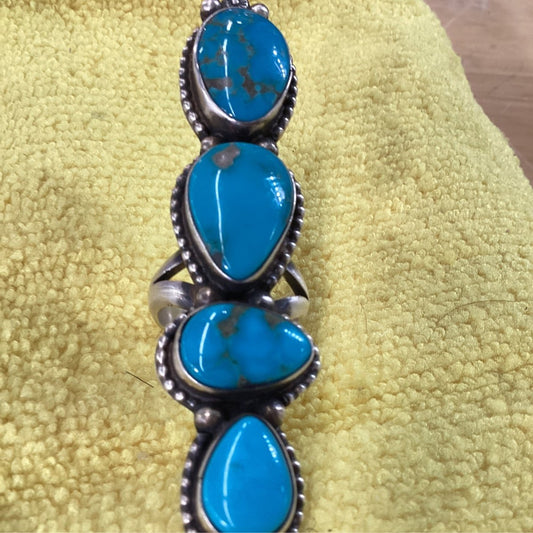 Ring, Kingman Turquoise, 4 pear - shaped stones, bead bezel, Sheila - Turquoise Mustang
