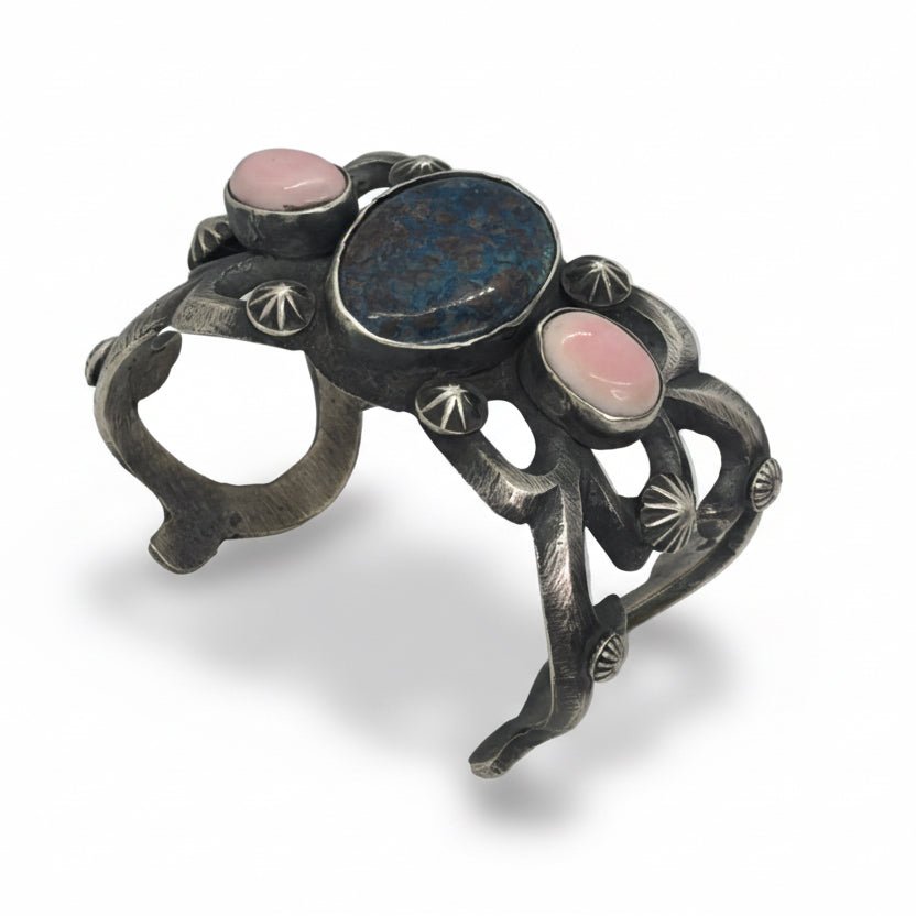 Tufa Cast Sterling Cuff with Deep Blue Turquoise and Pink Queen Conch, by Chimney Butte - Turquoise Mustang