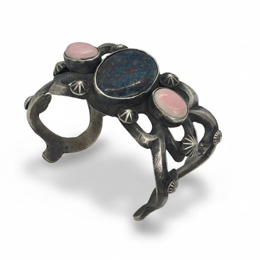 Tufa Cast Sterling Cuff with Deep Blue Turquoise and Pink Queen Conch, by Chimney Butte - Turquoise Mustang