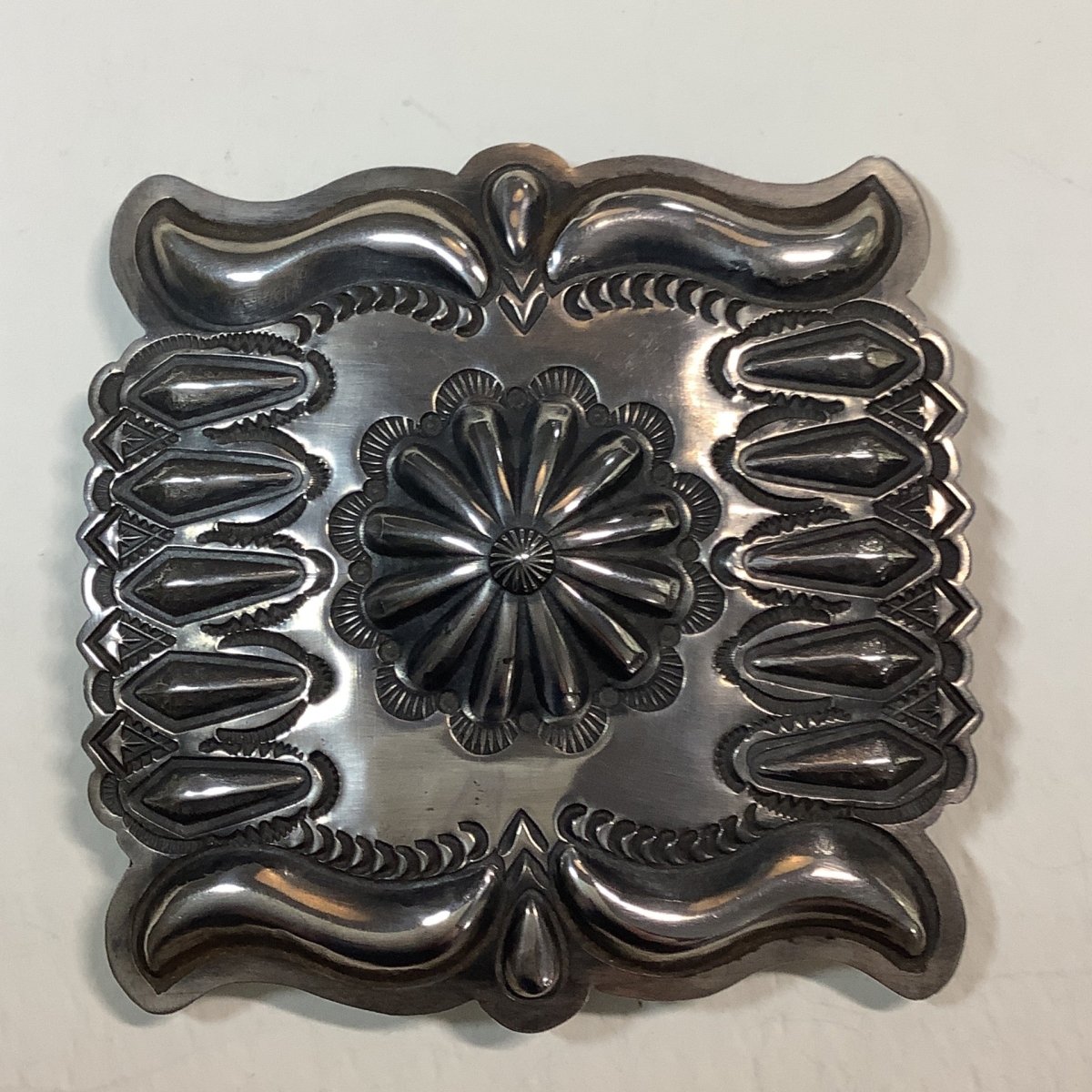 Square Repoussé Concho in Sterling Silver, Navajo - Turquoise Mustang