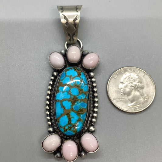 Seven - Stone Cluster Pendant with Premium Kingman Birdseye Turquoise & Pink Opal by Peterson Johnson - Turquoise Mustang