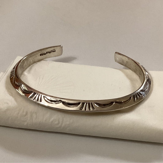 Bracelet, narrow triangle wire cuff, stamp work, Lynn Tahe - Turquoise Mustang