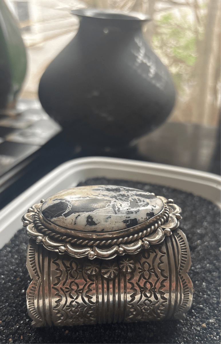 Extra wide cuff, White Buffalo Oval, in Heavy Gauge Sterling Silver by Chris Yazzie - Turquoise Mustang