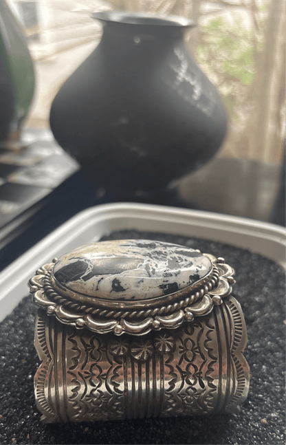 Extra wide cuff, White Buffalo Oval, in Heavy Gauge Sterling Silver by Chris Yazzie - Turquoise Mustang