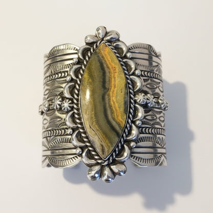 Bracelet, extra wide cuff, Bumble Bee Jasper, football shape, Chris Yazzie - Turquoise Mustang