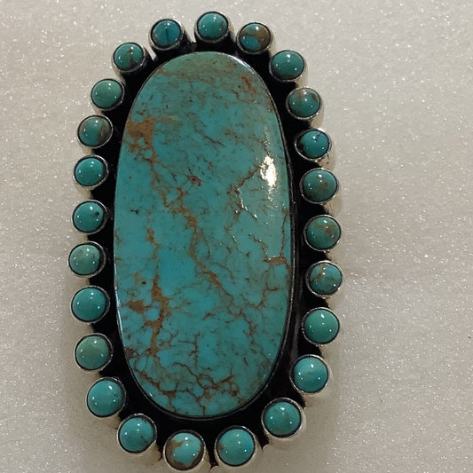 Ring, Turquoise, Large Oval cluster 24 rounds. ball bezel, DD (1) - Turquoise Mustang